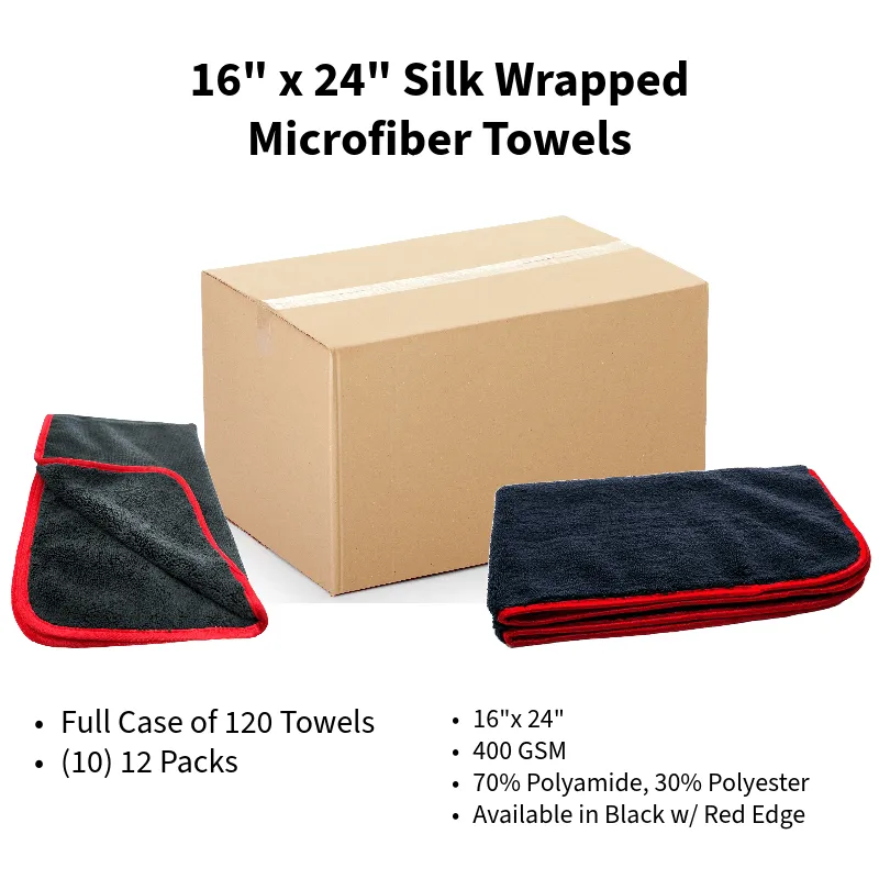 16" x 24" Silk Edge Microfiber Towels (Black/Red) [Case of 120]