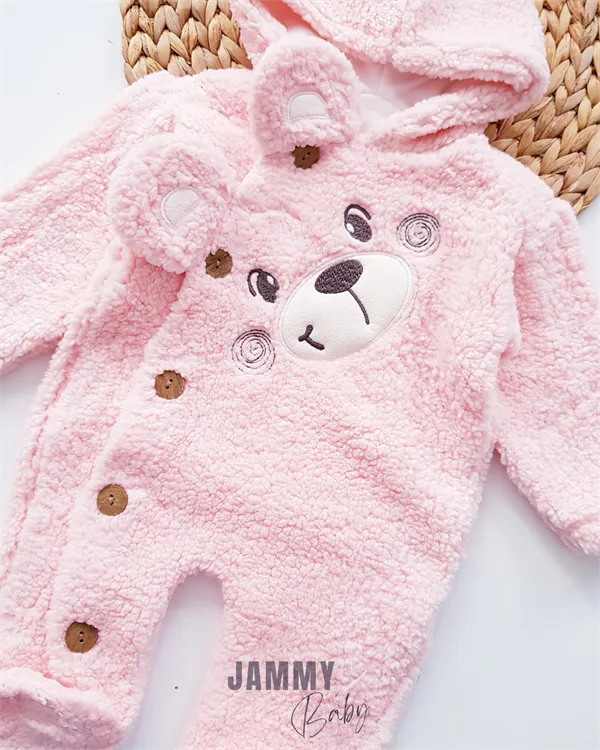 bear face welsoft plush hooded jumpsuit