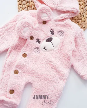 bear face welsoft plush hooded jumpsuit
