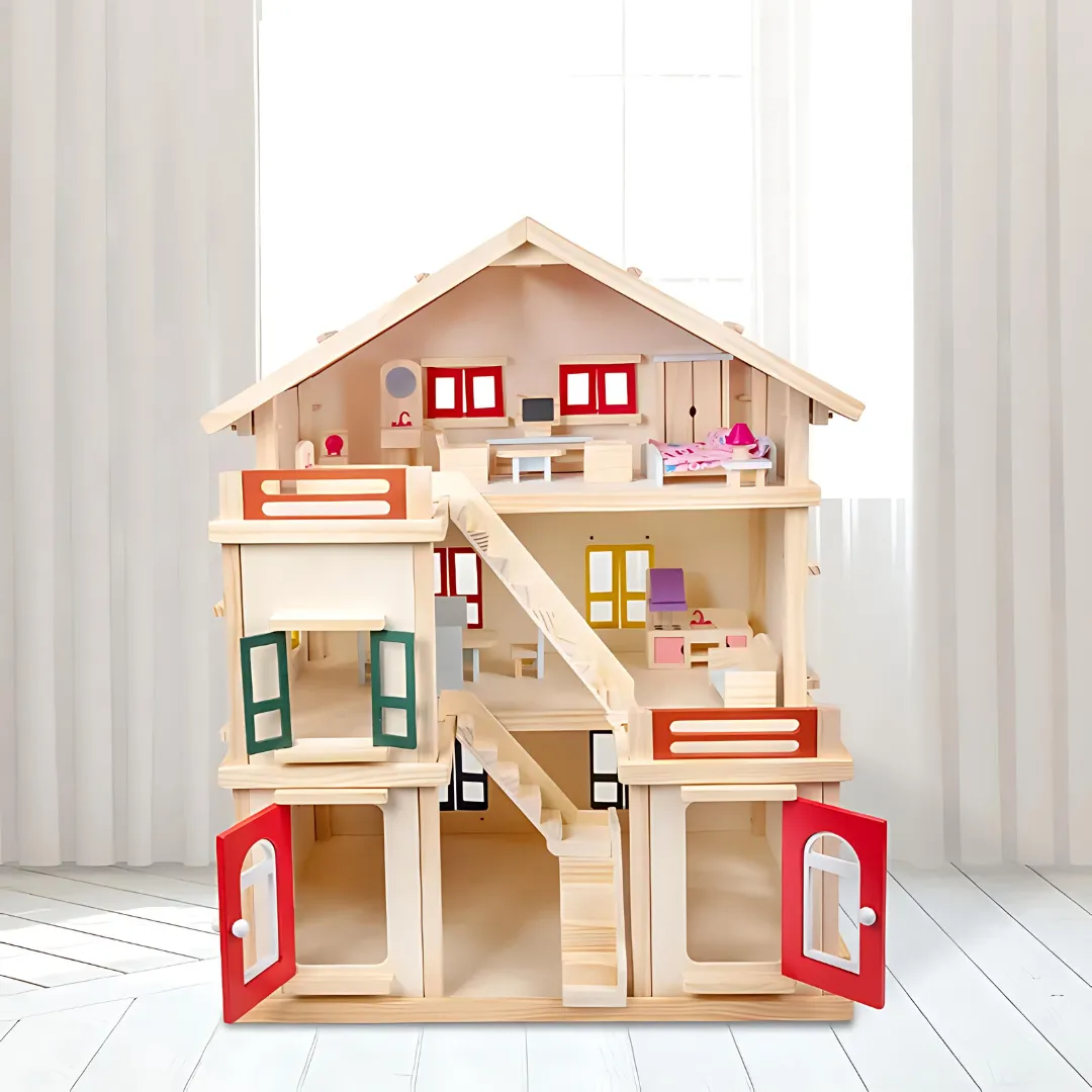 Large Wooden Dollhouse with Furniture: Creative Play