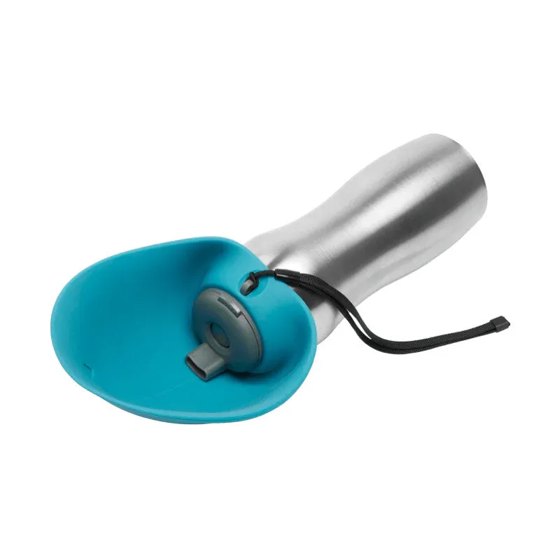 Messy Mutts Stainless Steel Travel Water Bottle Flip Up Bowl, Blue 24oz