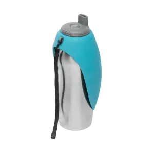 Messy Mutts Stainless Steel Travel Water Bottle Flip Up Bowl, Blue 24oz