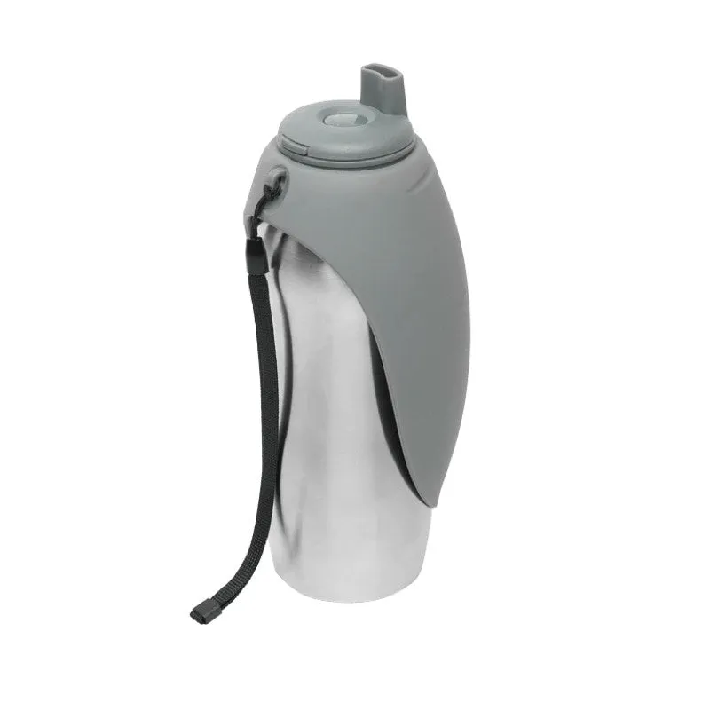 Messy Mutts Stainless Steel Travel Water Bottle Flip Up Bowl, Grey 24oz